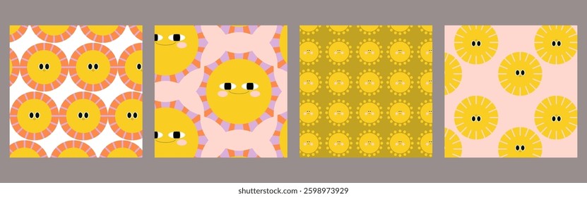 Seamless childish pattern with cute happy smiling sun characters on white background. Design of repeatable sunny texture in doodle style. Colored flat graphic vector illustration for printing.