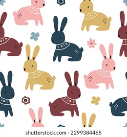 seamless childish pattern with cute hares on a white background. Vector illustration in scandinavian style for children's and textile decoration