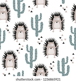 Seamless childish pattern with cute hedgehog and cactus.