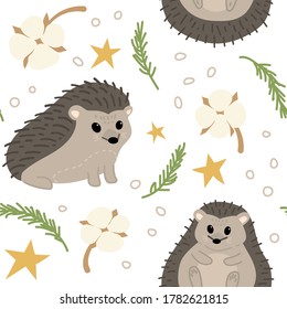 Nahtlose kindliche Muster mit süßen Hedgehogs und Naturelementen. Kreativdruck für die Gestaltung von Kinderartikeln und -produkten. Vektorgrafik