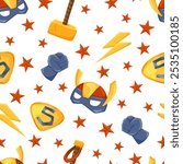 Seamless childish pattern with cute hero mask, stars, helmet, hammer, lightning. Creative kids texture for fabric, wrapping, textile, wallpaper, apparel. Vector illustration on white background