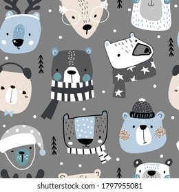 Seamless childish pattern with cute holiday bears in hat, scarf. Creative winter hand drawn texture for fabric, wrapping, textile, wallpaper, apparel. Vector illustration