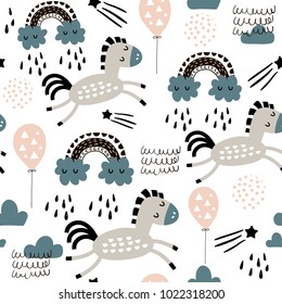 Seamless childish pattern with cute horses in the sky, rainbow. Creative kids texture for fabric, wrapping, textile, wallpaper, apparel. Vector illustration