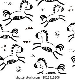 Seamless childish pattern with cute horses and hand drawn textures. Creative blackand white kids texture for fabric, wrapping, textile, wallpaper, apparel. Vector illustration