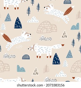 Seamless childish pattern with cute jumping arctic foxes, ice houses, icebergs. Nordic kids texture. Vector illustration