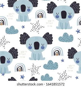 Seamless childish pattern with cute koala baby . Creative scandinavian kids texture for fabric, wrapping, textile, wallpaper, apparel. Vector illustration