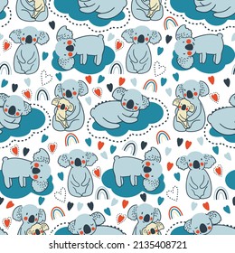 Seamless childish pattern with cute koala hanging on the rainbow. Creative scandinavian kids texture for fabric, wrapping, textile, wallpaper, apparel. Vector illustration