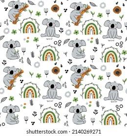 Seamless childish pattern with cute koala baby . Creative scandinavian kids texture for fabric, wrapping, textile, wallpaper, apparel. Vector illustration