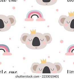 seamless childish pattern with cute koala and rainbow, creative scandinavian kids texture for fabric, wrapping, textile, wallpaper, apparel, vector illustration, flat style