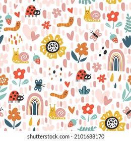 Seamless childish pattern with cute ladybird, butterfly, flowers, snail and caterpillar. Creative kids texture for fabric, wrapping, textile, wallpaper, apparel. Vector illustration