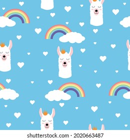 Seamless childish pattern with cute lamas, hearts, rainbows and clouds on blue background. Ideal for nursery, fabric, baby textile, wallpaper, wrapping paper. Eps 10.