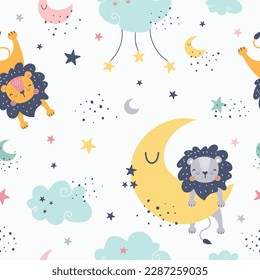 Seamless childish pattern with cute lion, clouds, moon and stars. Creative kids texture for fabric, wrapping, textile, wallpaper, apparel. Vector illustration