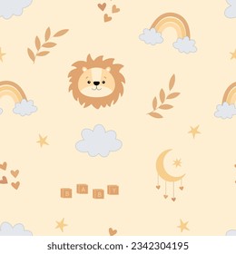Seamless childish pattern with cute lion, rainbow, clouds, stars, hearts, leaves, moon and play cubes Baby. Creative kids texture for fabric, wrapping, textile, wallpaper, apparel. 