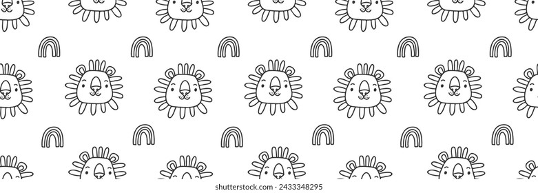 Seamless childish pattern with cute lion and rainbow in black and white style. Creative scandinavian kids texture for fabric, wrapping, textile, wallpaper, apparel. Vector illustration