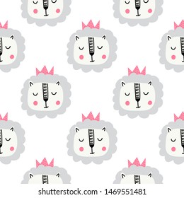 Seamless childish pattern with cute lion.Kids design for fabric, wrapping, textile, wallpaper, apparel. Vector illustration.
