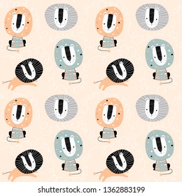 Seamless childish pattern with cute lions. Creative kids texture for fabric, wrapping, textile, wallpaper, apparel. Vector illustration