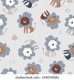 Seamless childish pattern with cute lions on gray. Perfect for fabric,textile. Creative Vector background