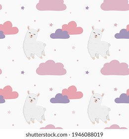 Seamless childish pattern with cute llama (alpaca), clouds, stars. Baby texture for fabric, wrapping, textile, wallpaper, clothing. Vector illustration