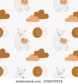 Seamless childish pattern with cute llama (alpaca), clouds, stars. Baby texture for fabric, wrapping, textile, wallpaper, clothing. Boho background