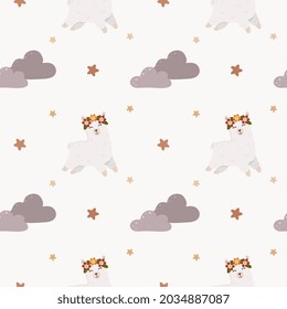 Seamless childish pattern with cute llama (alpaca), clouds, stars. Baby texture for fabric, wrapping, textile, wallpaper, clothing. Vector illustration