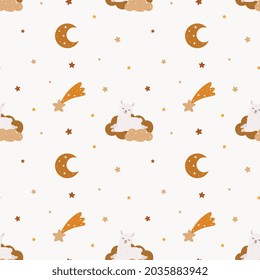 Seamless childish pattern with cute llama (alpaca), moon, stars. Baby texture for fabric, wrapping, textile, wallpaper, clothing. Vector illustration