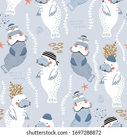 Seamless childish pattern with cute manatees sailor caps and bandanas. Creative scandinavian style under see kids texture for fabric, wrapping, textile, wallpaper, apparel. Vector illustration svg