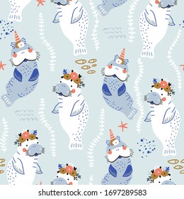 Seamless childish pattern with cute manatees with floral wreaths and unicorn horns. Creative scandinavian style under see kids texture for fabric, wrapping, textile, wallpaper, apparel. Vector illustr