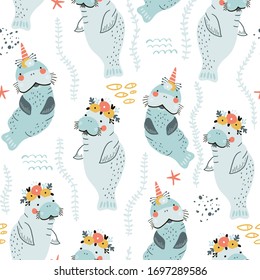 Seamless childish pattern with cute manatees with floral wreaths and unicorn horns. Creative scandinavian style under see kids texture for fabric, wrapping, textile, wallpaper, apparel. Vector illustr svg