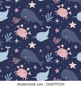 Seamless childish pattern with cute marine life whale, narwhal, crab, seaweed starfish on a blue background. Perfect for textiles, wallpaper, wrapping paper, children's clothing. Vector illustration.