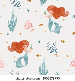 Seamless childish pattern with cute mermaid and sea shells. Hand drawn watercolor vector design. Perfect for fabric, textile, packaging.