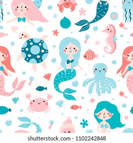 Seamless childish pattern with cute mermaids and marine animals.