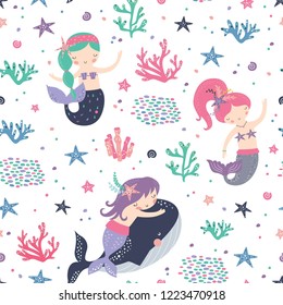 Seamless childish pattern with cute mermaids. Perfect for fabric,textile,wrapping
