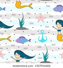 Seamless childish pattern with cute mermaids colorful summer design theme. Undersea vector trendy texture.Perfect for fabric,textile,wrapping