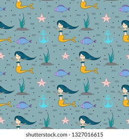 Seamless childish pattern with cute mermaids colorful summer design theme. Undersea vector trendy texture.Perfect for fabric,textile,wrapping