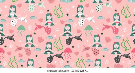 Seamless childish pattern with cute mermaids. Undersea vector illustration trendy texture. Perfect for fabric,textile,wrapping scandinavian style.