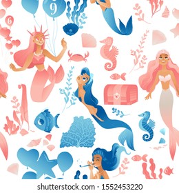 Seamless childish pattern with cute mermaids in pink and blue flat vector illustration. Underwater vector trendy texture is perfect for fabric,textile and wrapping.