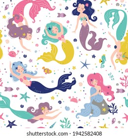 Seamless childish pattern with cute mermaids. Creative kids texture for fabric, wrapping, textile, wallpaper, apparel. Vector illustration