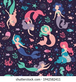 Seamless childish pattern with cute mermaids. Creative kids texture for fabric, wrapping, textile, wallpaper, apparel. Vector illustration