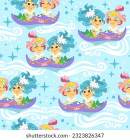 Patrón infantil sin foco con sirenas adorables montadas en una gris marina. Estilo plano de ilustración vectorial. Textos creativos para el diseño, la impresión, la ropa de cama, la tela, el envoltorio, los textiles, el papel pintado y la ropa