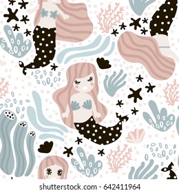 Seamless childish pattern with cute mermaids. Undersea vector trendy texture.Perfect for fabric,textile,wrapping