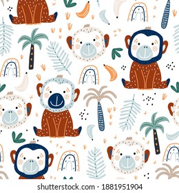 Seamless childish pattern with cute monkey. Creative jungle childish texture. Great for fabric, textile Vector Illustration