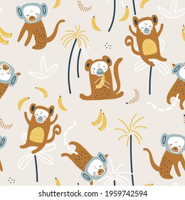 Seamless childish pattern with cute monkeys, banana,palm trees. Creative kids texture perfect for fabric, apparel, wallpaper.
