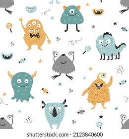 Seamless childish pattern with cute monsters. Vector texture for kids bedding, fabric, wallpaper, wrapping paper, textile, t-shirt print
