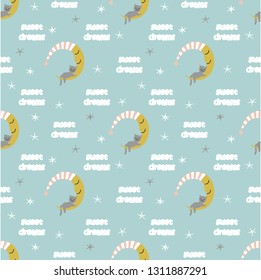 Seamless childish pattern with cute moon, clouds, cat and stars. Vector design for paper, cover, fabric, interior decor. 