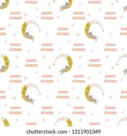 Seamless childish pattern with cute moon, clouds, cat and stars. Vector design for paper, cover, fabric, interior decor.