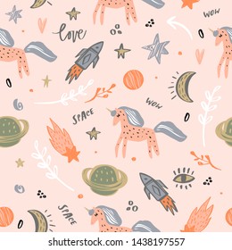 Seamless childish pattern with cute night space unicorns and moons. Scandinavian style fabric decor, wrapping, textile, wallpaper, nursery apparel. Vector illustration.