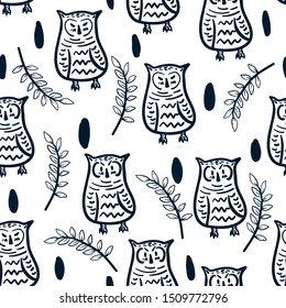 Seamless childish pattern with cute owl and floral elements . Creative animal texture for fabric, wrapping, textile, wallpaper, apparel. Vector illustration