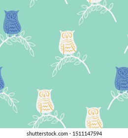 Seamless childish pattern with cute owl standing on branch. Creative animal texture for fabric, wrapping, textile, wallpaper, apparel. Vector illustration