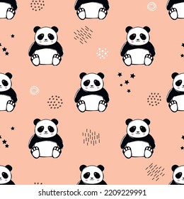 Seamless childish pattern with a cute panda black and white bear on a pink background. Trendy scandinavian kids print for clothing, fabric, textile, packaging, wallpaper.