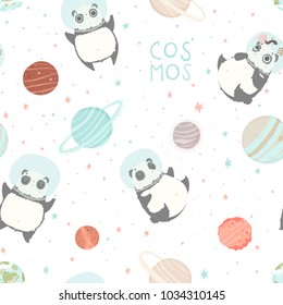 Seamless childish pattern with cute pandas astronauts in helmets. Creative nursery background. Perfect for kids design, fabric, wrapping, wallpaper, textile, apparel